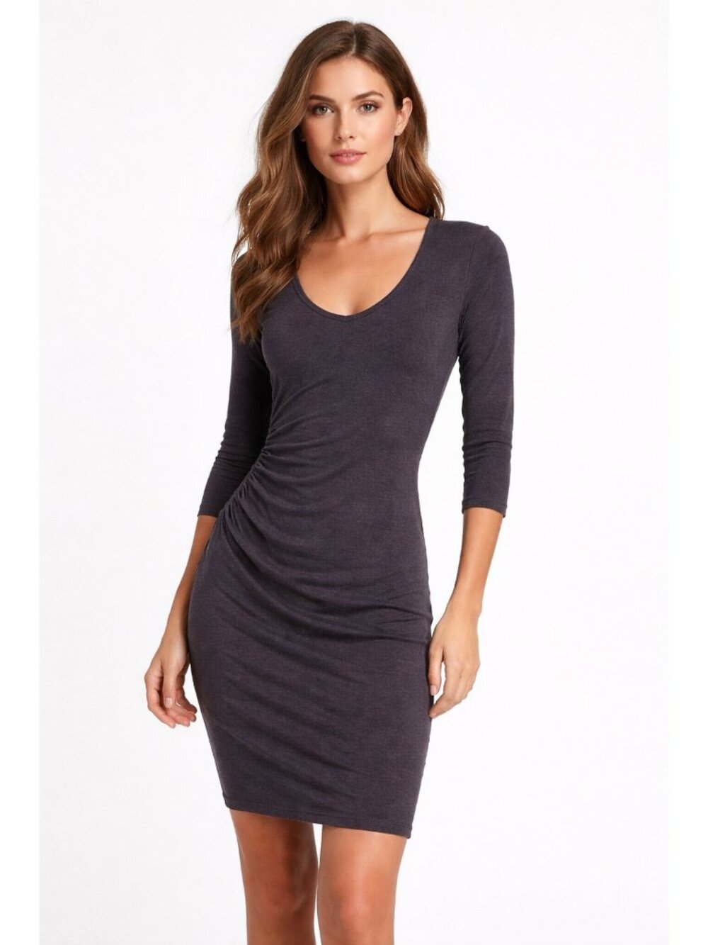 NEW Standard James Perse Womens Ruched Long-Sleeve V-Neck Dress In Fig Size 2 M